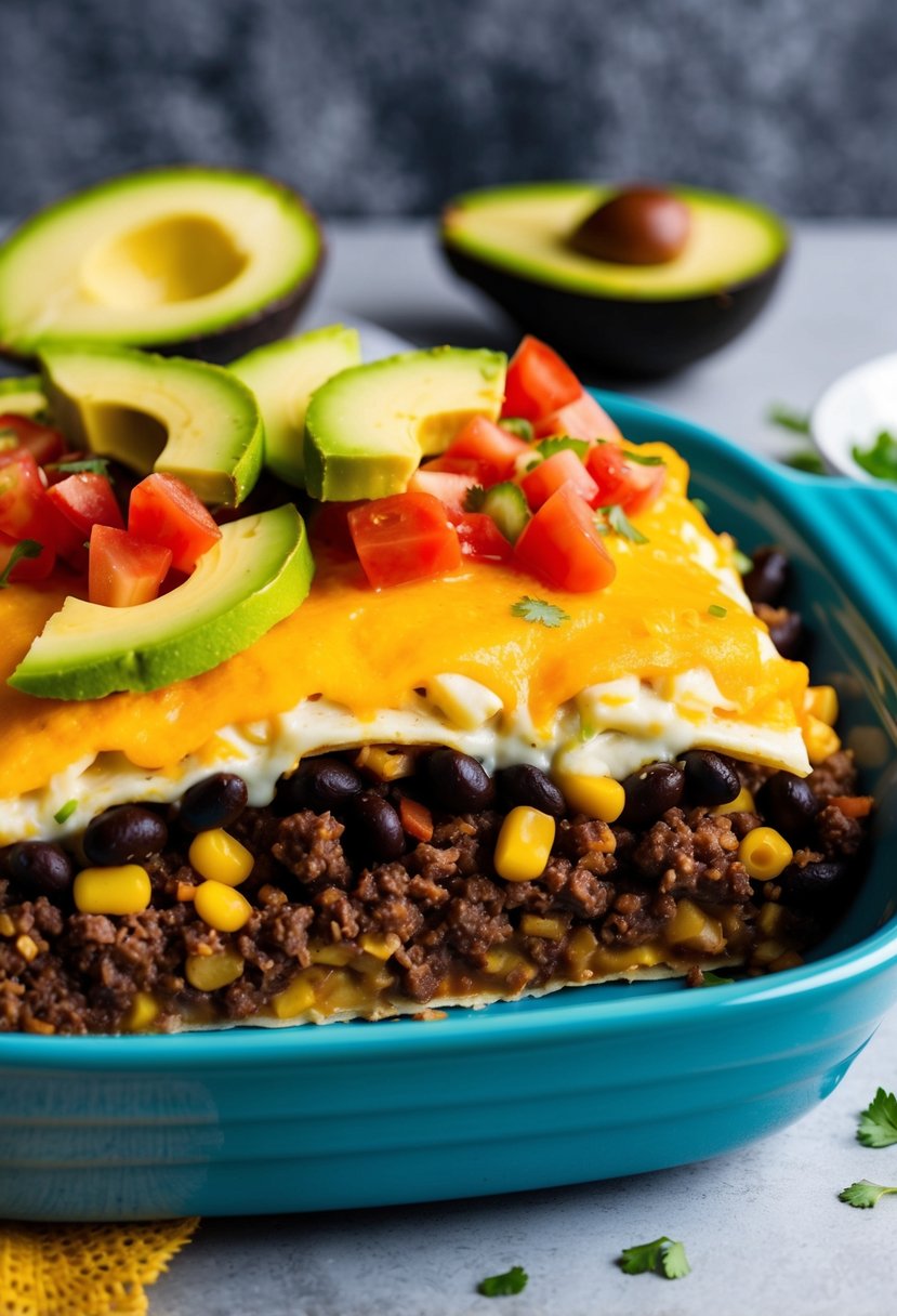 A colorful Southwest tortilla casserole, with layers of tortillas, spicy ground beef, black beans, corn, and melted cheese, topped with fresh salsa and avocado slices