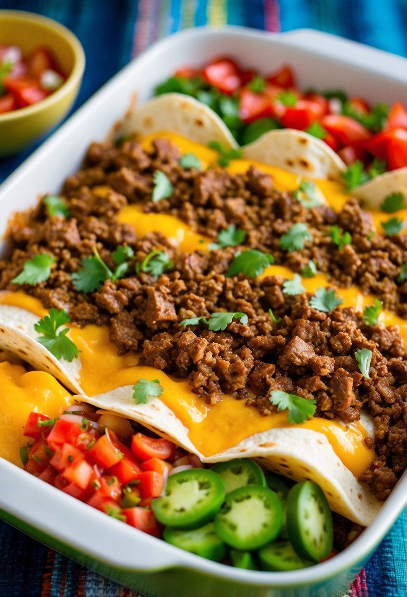 A colorful array of layered tortillas, spicy ground beef, melted cheese, and vibrant salsa in a baking dish