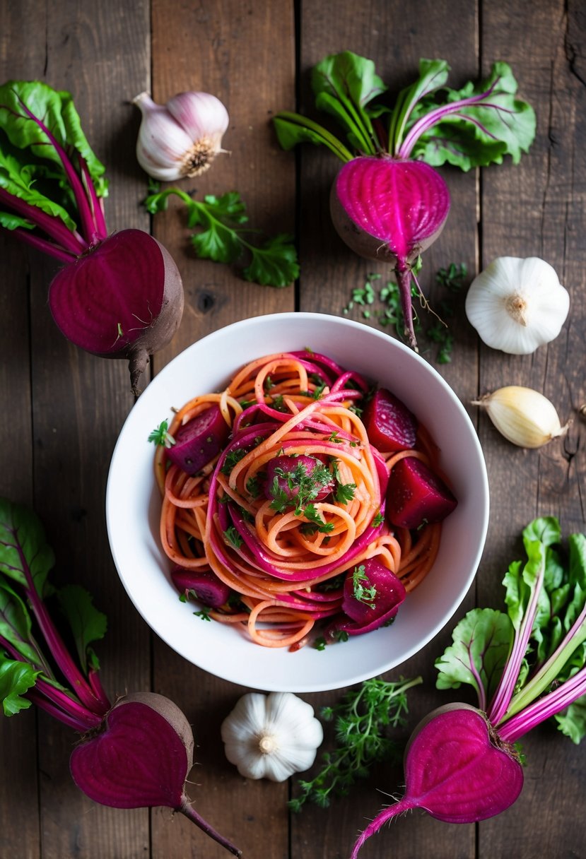 A colorful bowl of beet pasta surrounded by fresh beets, garlic, and herbs on a rustic wooden table