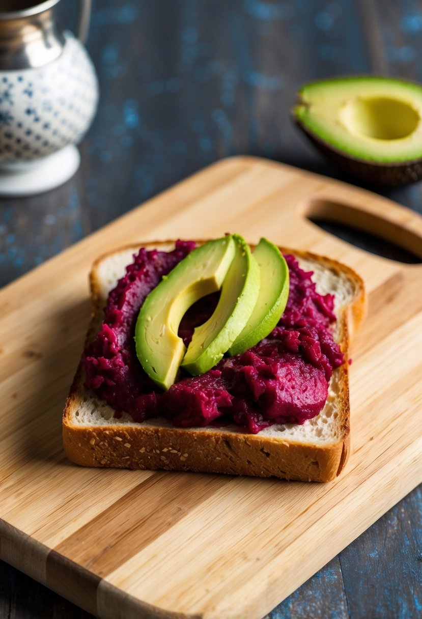 A slice of toasted bread topped with mashed beetroot and sliced avocado on a wooden cutting board