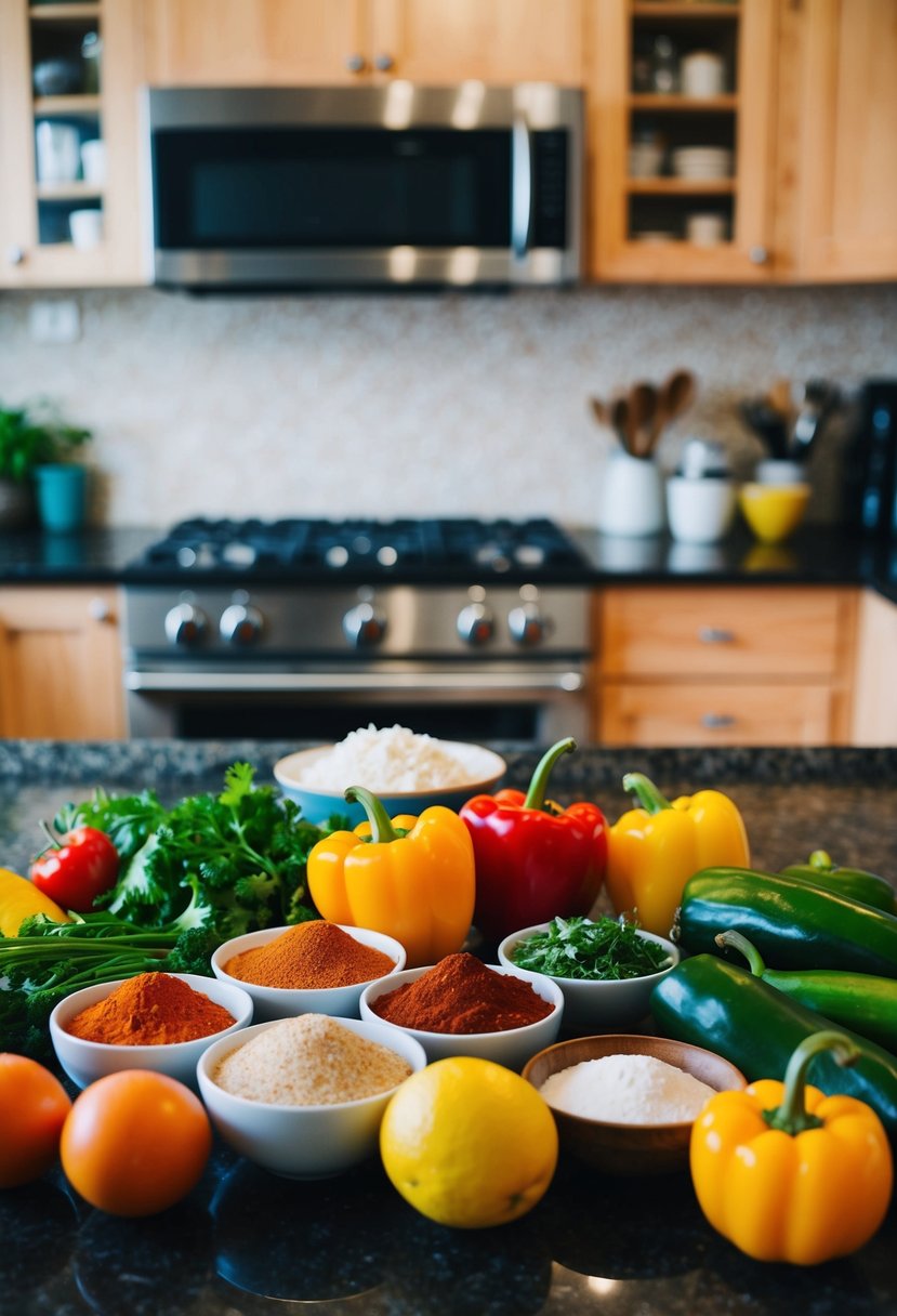 A colorful array of fresh ingredients and spices arranged on a kitchen countertop, ready to be used in a Chili Relleno Casserole