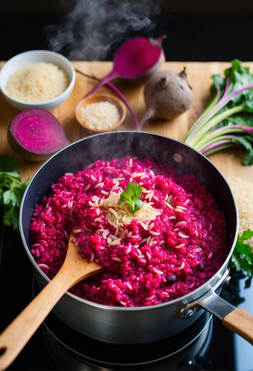 A steaming pot of vibrant beet risotto cooking on a stove, surrounded by fresh beets, arborio rice, and a wooden spoon