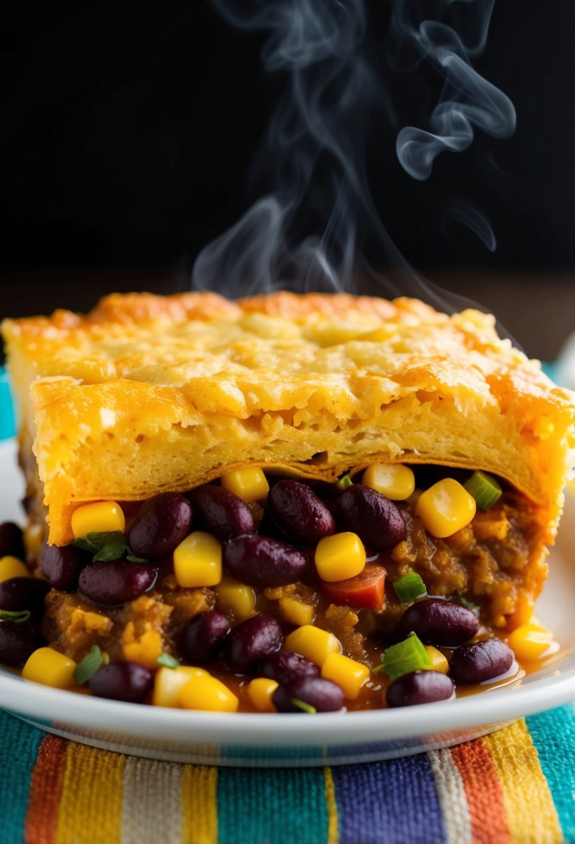 A steaming hot Vegetarian Tamale Pie casserole, filled with colorful layers of beans, corn, and cheese, topped with a golden cornbread crust