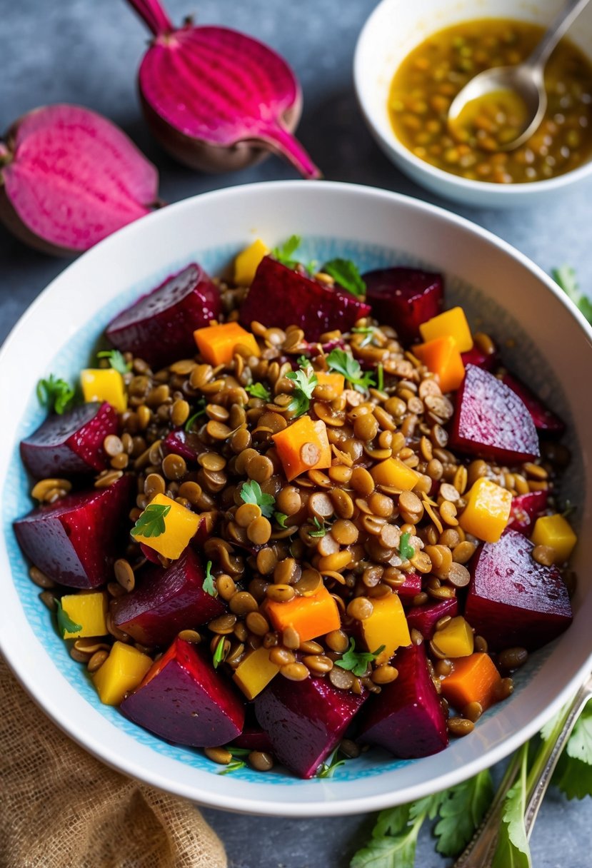 A colorful bowl of warm beet and lentil salad, with vibrant beets and hearty lentils mixed together, topped with a light vinaigrette