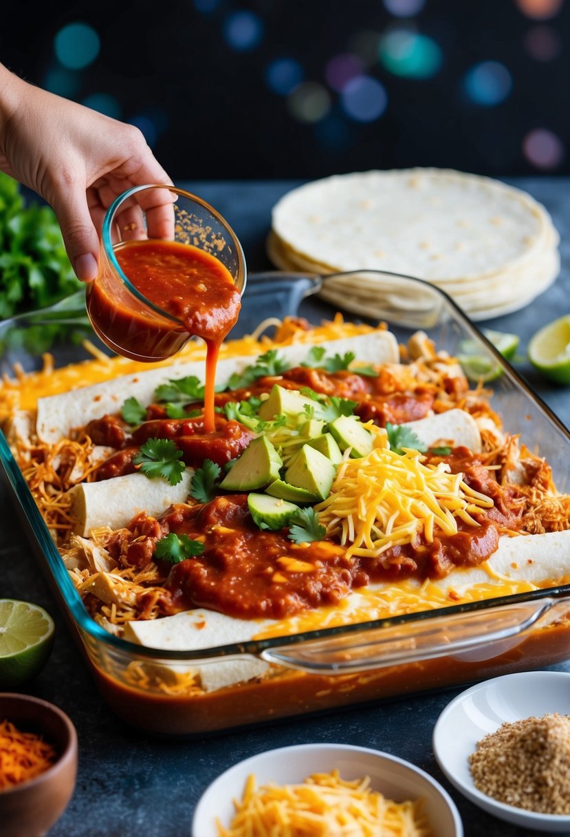 A colorful array of ingredients being layered into a baking dish, including shredded chicken, enchilada sauce, tortillas, cheese, and zesty spices