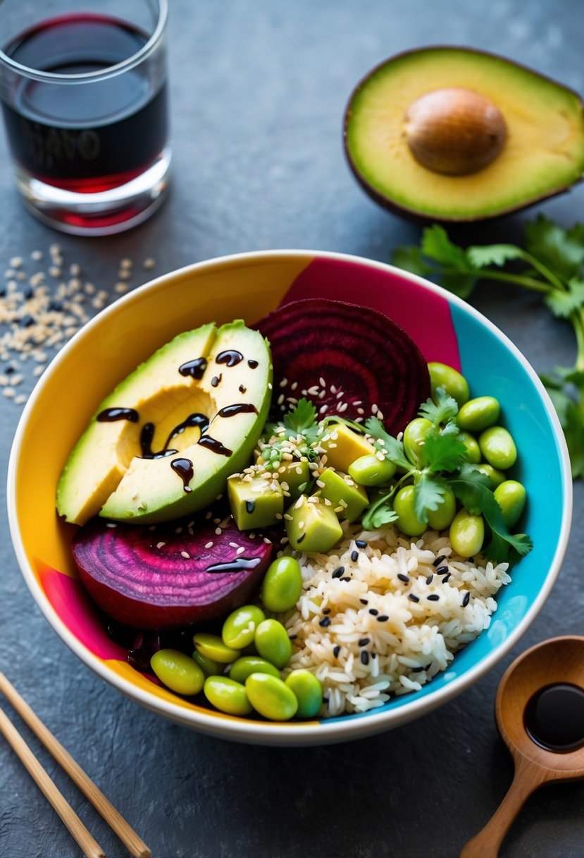 A colorful bowl filled with sliced beets, avocado, edamame, and rice, topped with sesame seeds and a drizzle of soy sauce