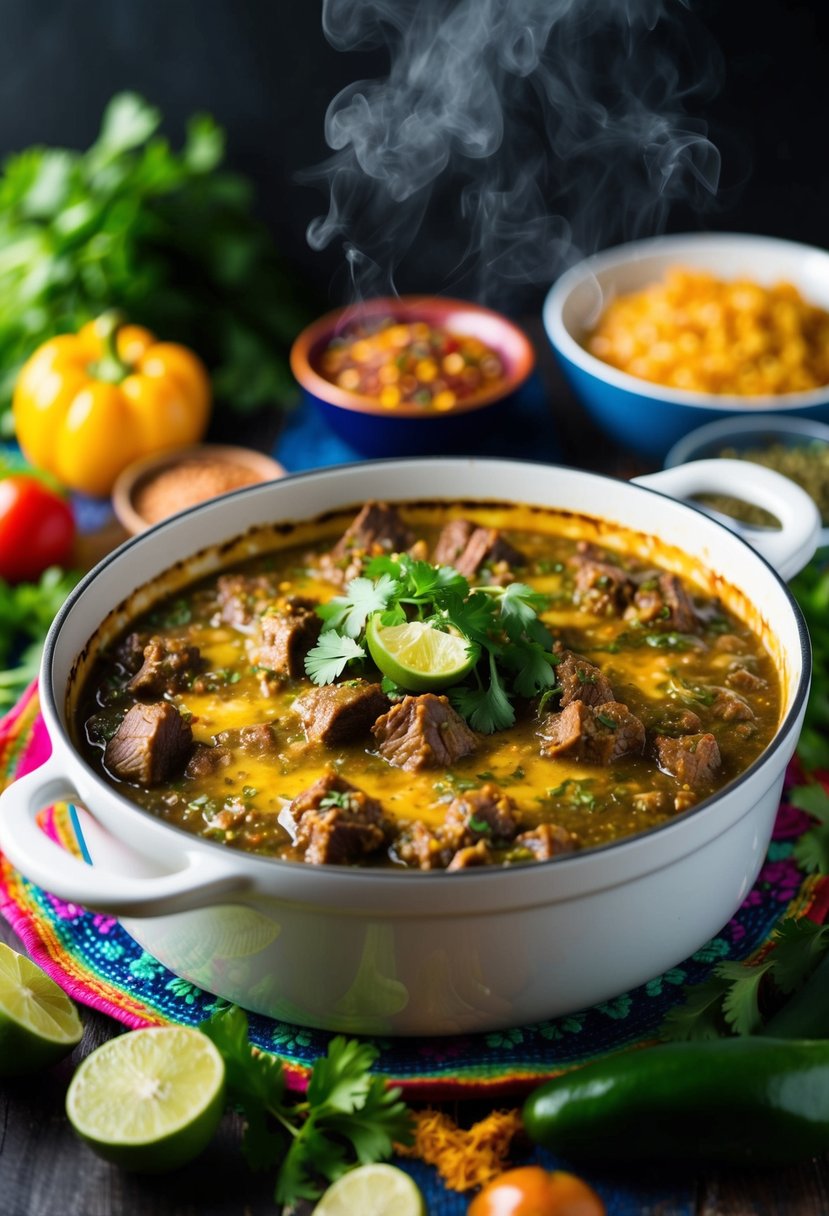 A steaming casserole dish filled with salsa verde beef, bubbling and golden brown, surrounded by vibrant Mexican ingredients and spices