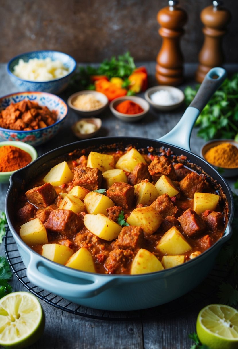 A rustic kitchen with a bubbling casserole dish filled with chunks of chorizo and potato, surrounded by colorful Mexican spices and fresh ingredients