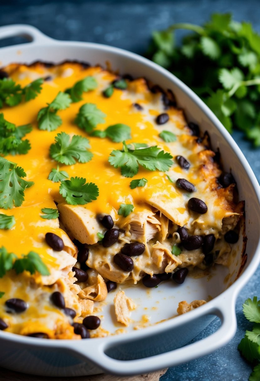 A bubbling casserole dish filled with layers of creamy chicken, black beans, and tortillas, topped with melted cheese and fresh cilantro