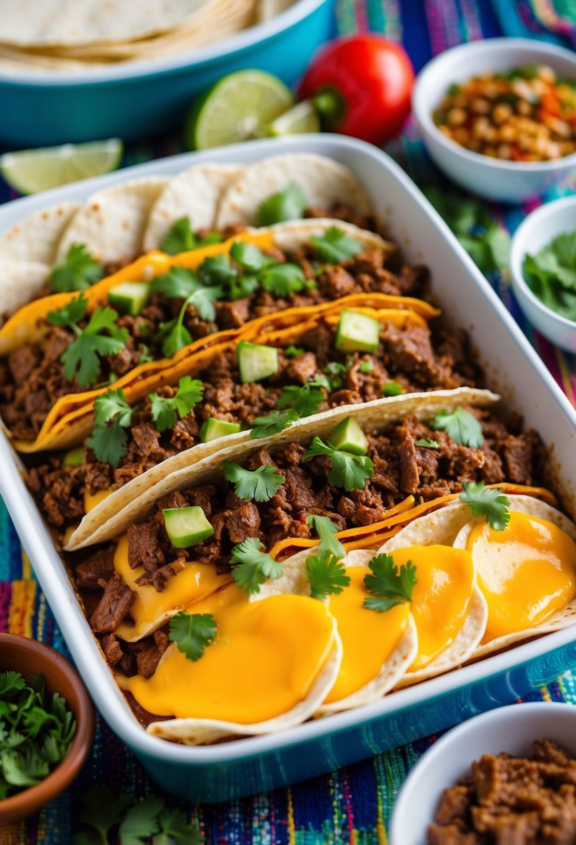 A colorful array of layered tortillas, seasoned beef, melted cheese, and vibrant Mexican spices in a baking dish