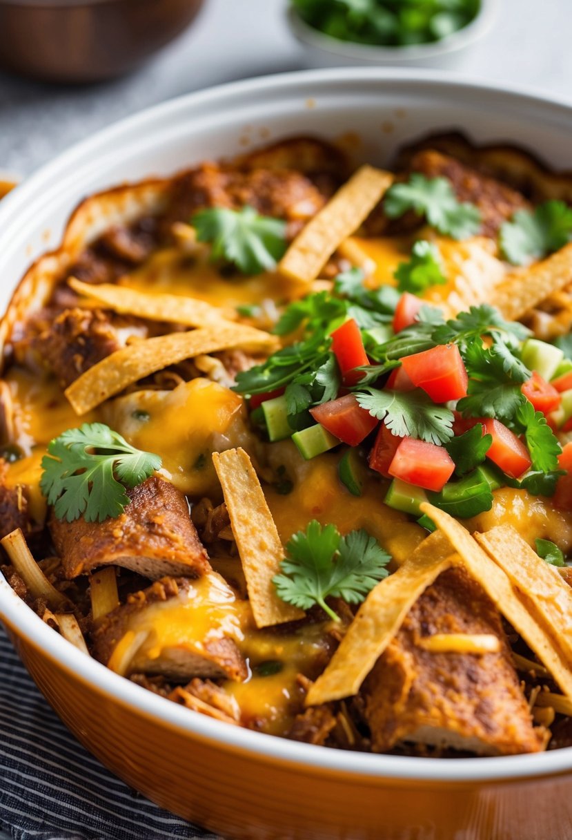 A bubbling casserole dish filled with layers of tender pork carnitas, melted cheese, and crispy tortilla strips, topped with fresh cilantro and diced tomatoes