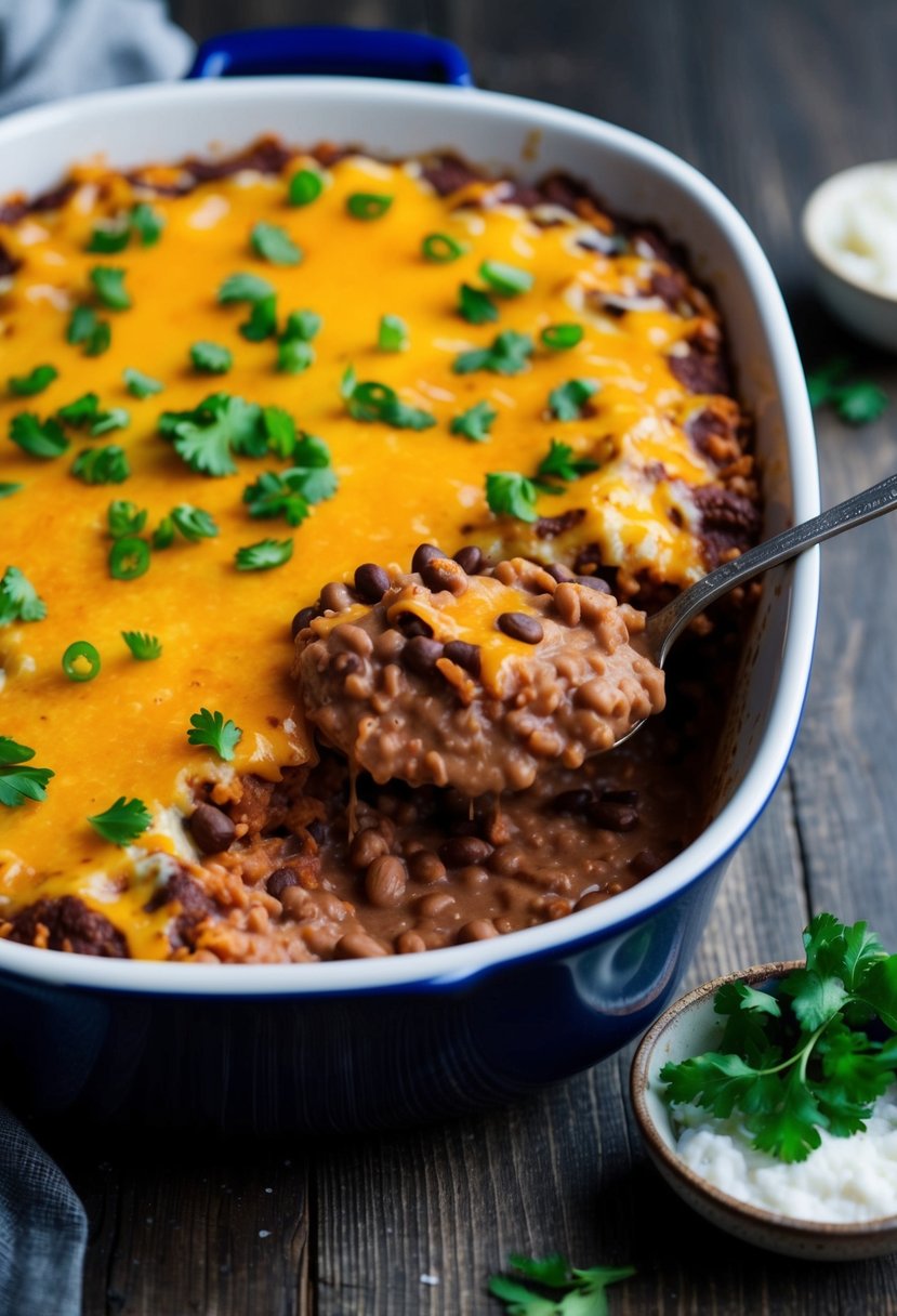 A bubbling casserole dish filled with layers of refried beans, melted cheese, and savory Mexican spices