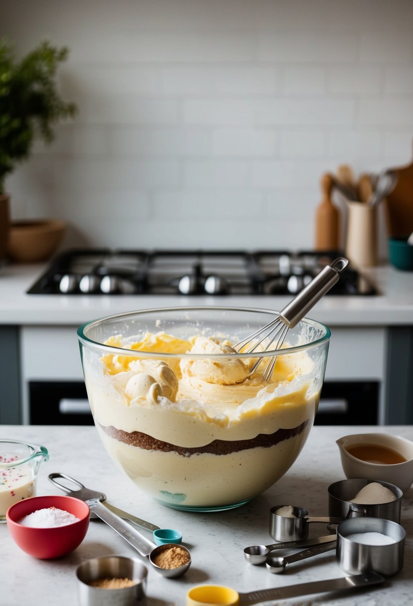 A mixing bowl filled with cake batter, surrounded by ingredients and measuring utensils on a kitchen counter