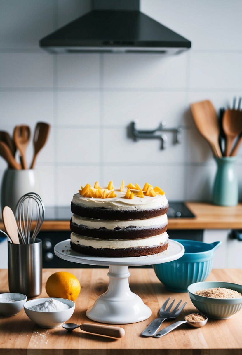 A kitchen counter with ingredients and utensils for baking a cake from scratch