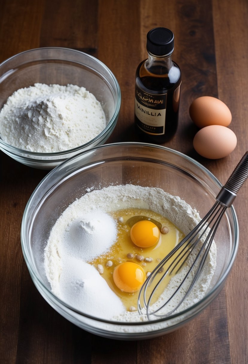 A mixing bowl with flour, sugar, and eggs. A bottle of vanilla extract and a whisk on a wooden table