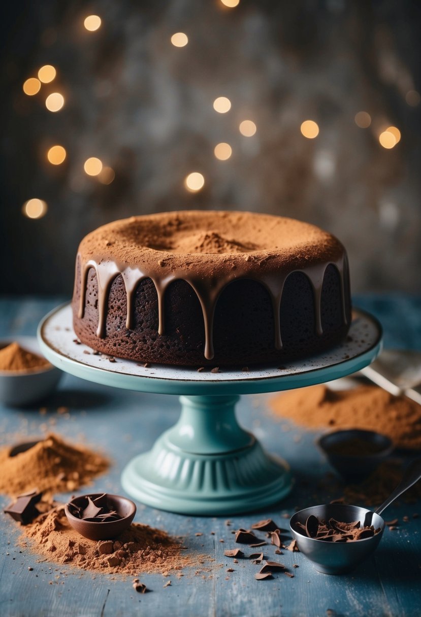 A chocolate cake sits on a vintage cake stand, surrounded by scattered cocoa powder and a few scattered chocolate shavings