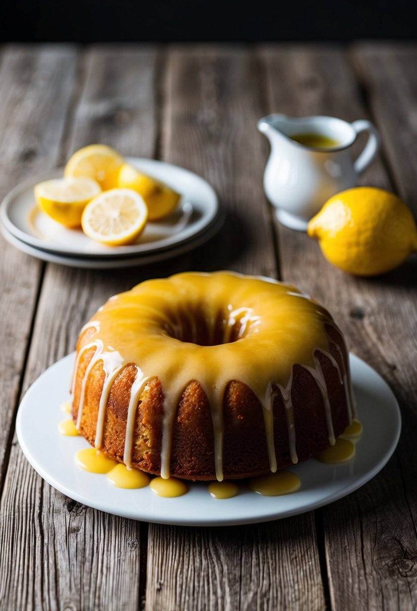 A golden-brown lemon drizzle cake sits on a rustic wooden table, with a moist texture and a tangy citrus glaze dripping down the sides