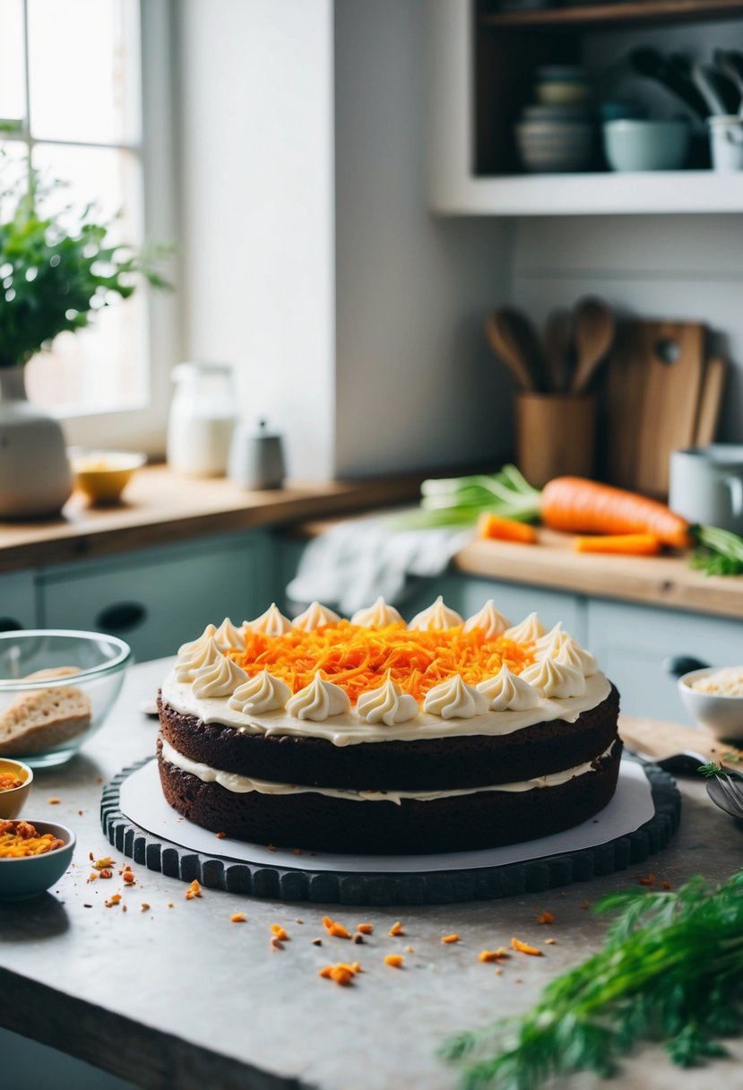 A rustic kitchen counter with a freshly baked carrot cake topped with creamy frosting and surrounded by scattered ingredients and utensils