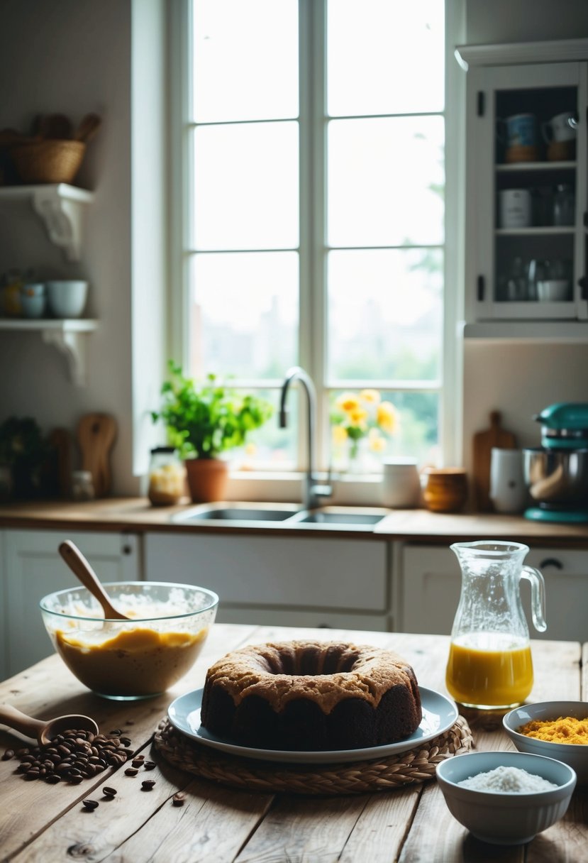 A rustic kitchen with a wooden table set with a homemade coffee cake, surrounded by ingredients and a mixing bowl. Sunlight streams through the window