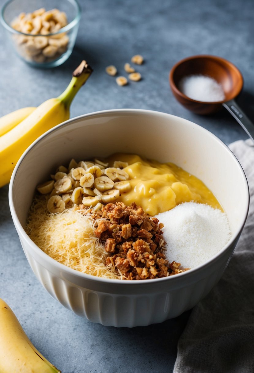 A mixing bowl filled with ingredients for banana nut bread cake