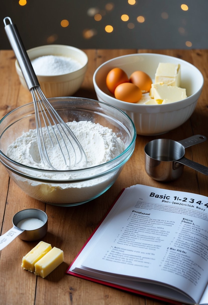 A mixing bowl with flour, eggs, sugar, and butter. A whisk and measuring cups on a wooden table. A recipe book open to a page titled "Basic 1-2-3-4 Cake."