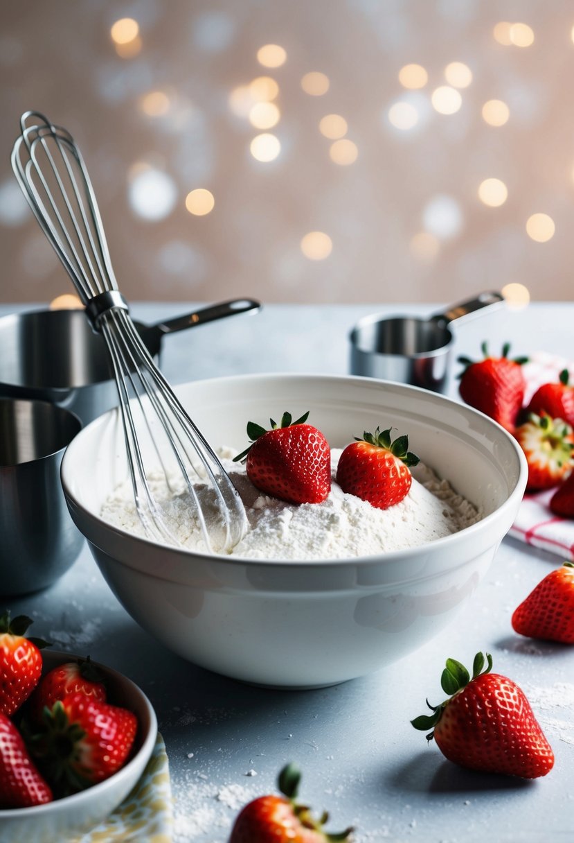 A mixing bowl filled with flour, sugar, and strawberries. A whisk and measuring cups sit nearby. A fresh strawberry shortcake sits on a table