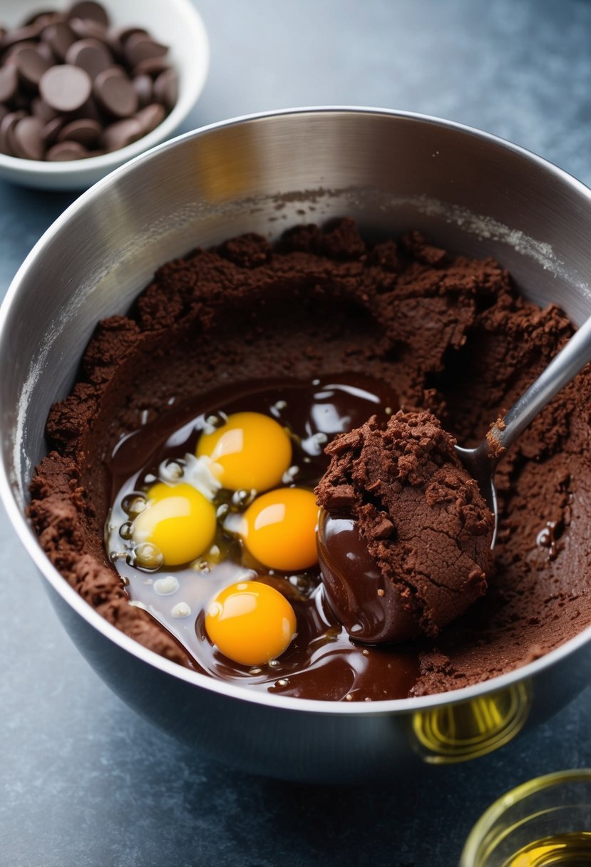 A mixing bowl filled with chocolate cake mix, eggs, and oil. A spoon stirs the ingredients together, creating a thick, fudgy cookie dough