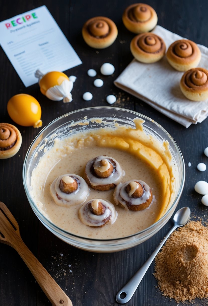 A mixing bowl filled with gooey cinnamon bun cake batter, surrounded by scattered ingredients and a recipe card