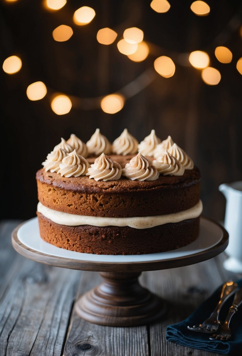 A freshly baked spice cake topped with creamy cinnamon frosting on a rustic wooden cake stand