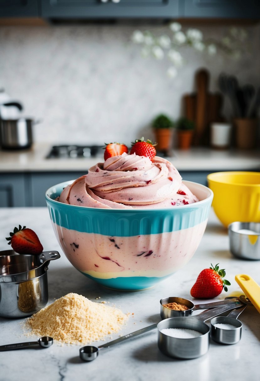 A mixing bowl filled with strawberry marble cake batter, surrounded by scattered ingredients and measuring tools on a kitchen counter