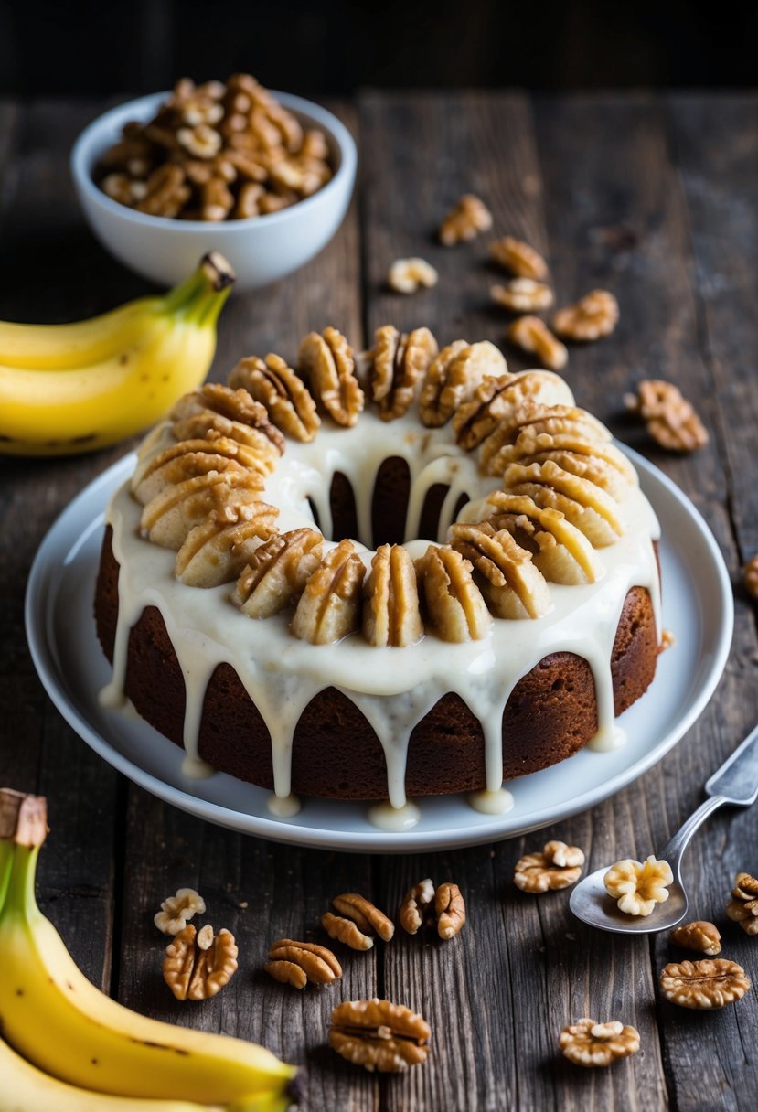 A banana cake with walnut topping sits on a rustic wooden table, surrounded by scattered walnuts and a bowl of ripe bananas