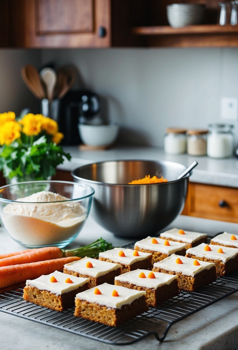 A kitchen counter with assorted baking ingredients and a mixing bowl, with a freshly baked carrot ginger cake bars on a cooling rack