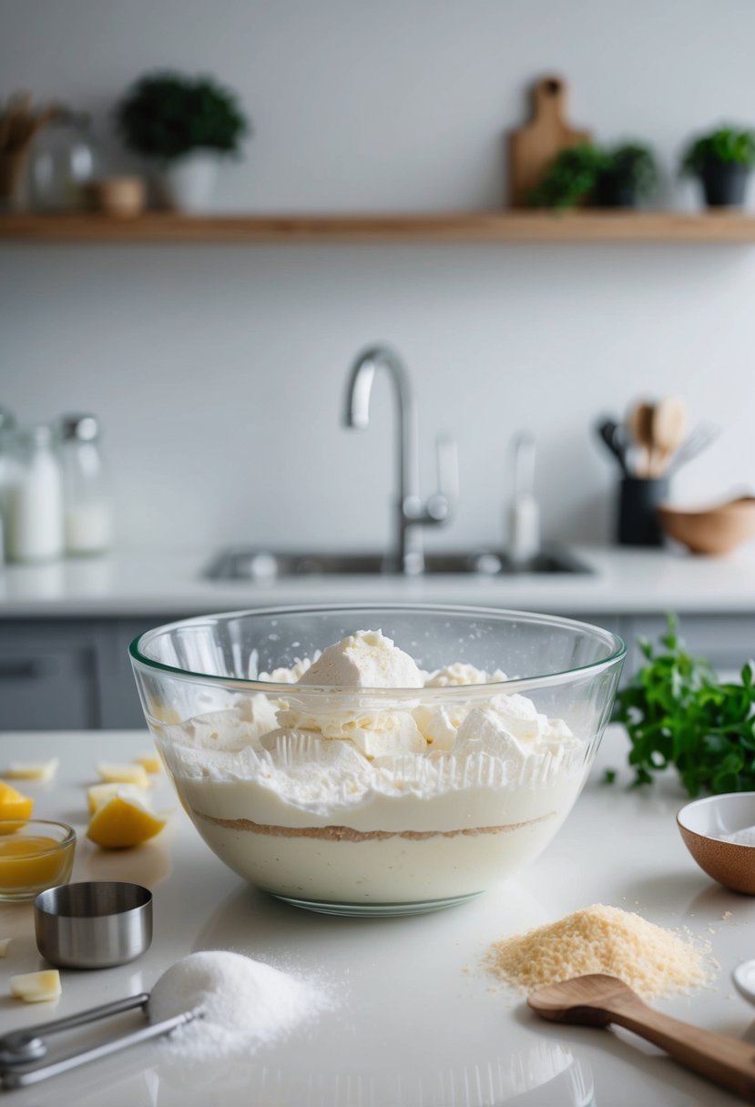 A white cake being mixed in a glass bowl, with ingredients and utensils scattered around on a clean kitchen counter