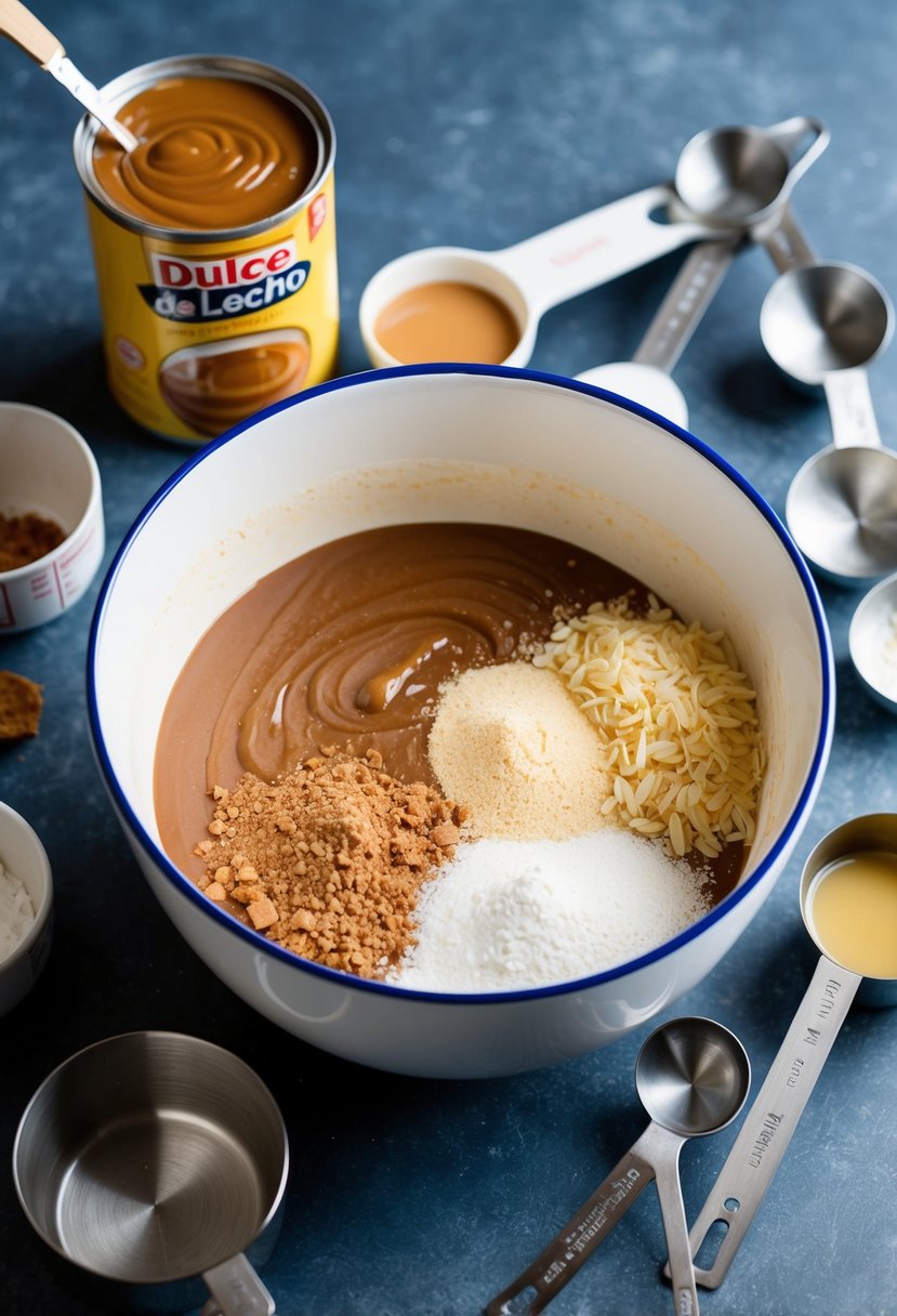 A mixing bowl filled with ingredients for Dulce de Leche Cake, surrounded by measuring cups, spoons, and a can of dulce de leche