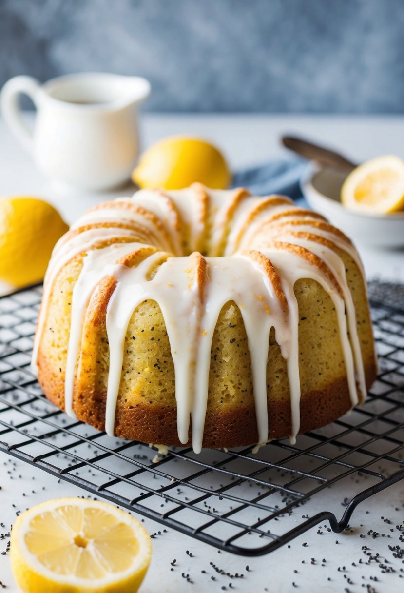 A freshly baked lemon poppy seed cake cooling on a wire rack, surrounded by scattered poppy seeds and a zested lemon