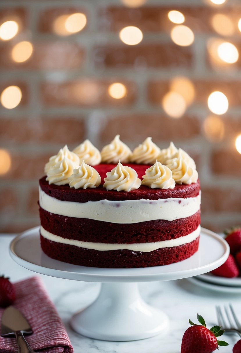 A red velvet cake sits on a white cake stand, topped with swirls of creamy buttercream icing