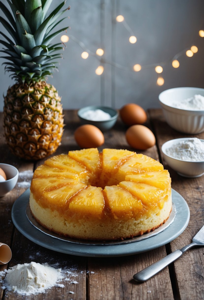 A golden brown pineapple upside-down cake sits on a rustic wooden table, surrounded by scattered ingredients like flour, sugar, and eggs