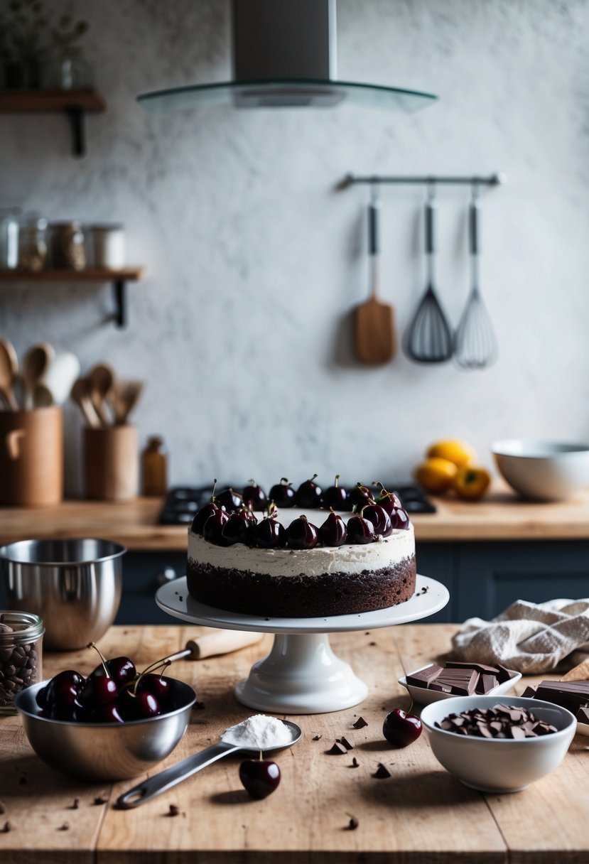 A rustic kitchen counter with ingredients and utensils for baking a Black Forest Cake, including cherries, chocolate, and a mixing bowl