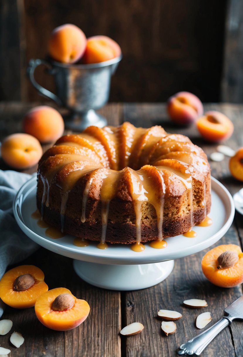 A golden almond cake with apricot glaze sits on a rustic wooden table, surrounded by fresh apricots and almond slices