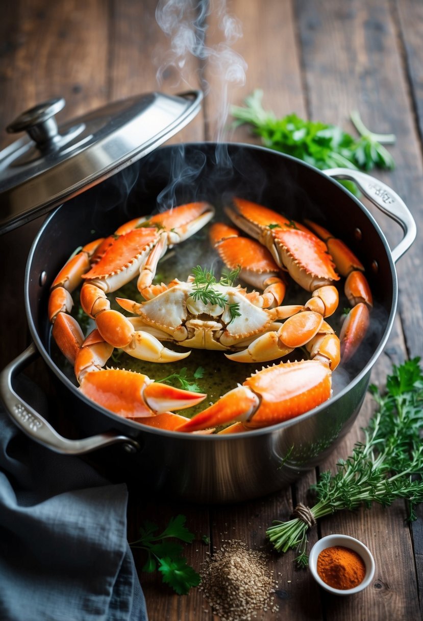 A steaming pot of crab legs surrounded by fresh herbs and spices on a rustic wooden table