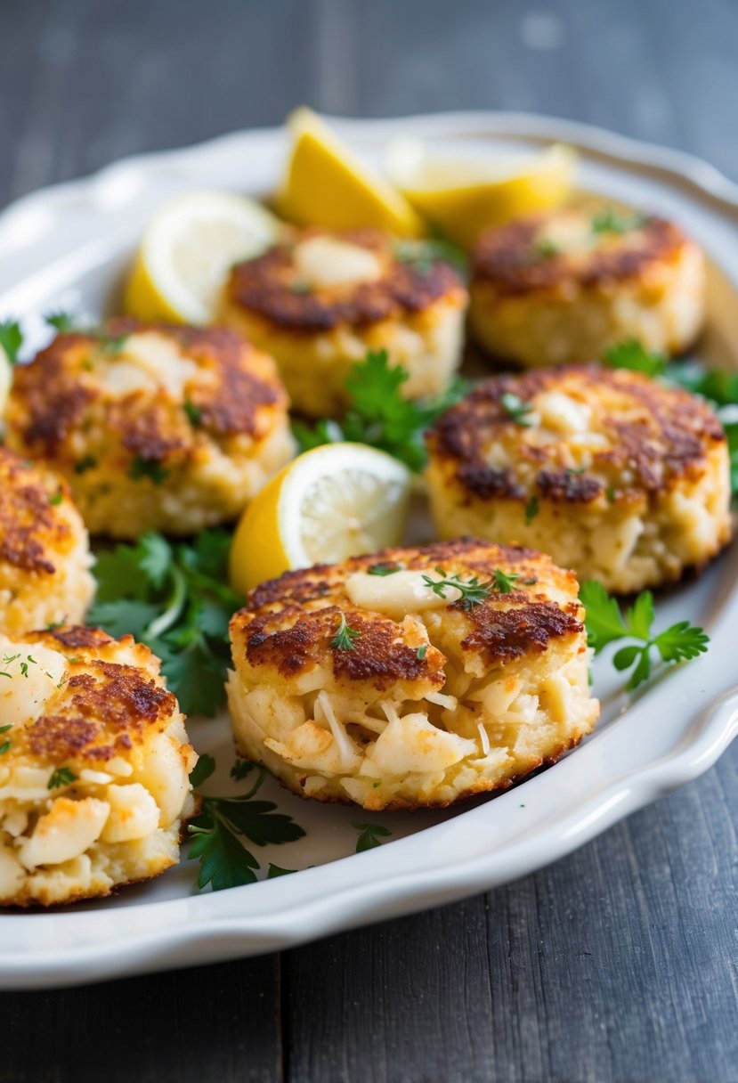 A plate of golden-brown crab cakes, garnished with lemon wedges and fresh herbs, served on a white ceramic dish