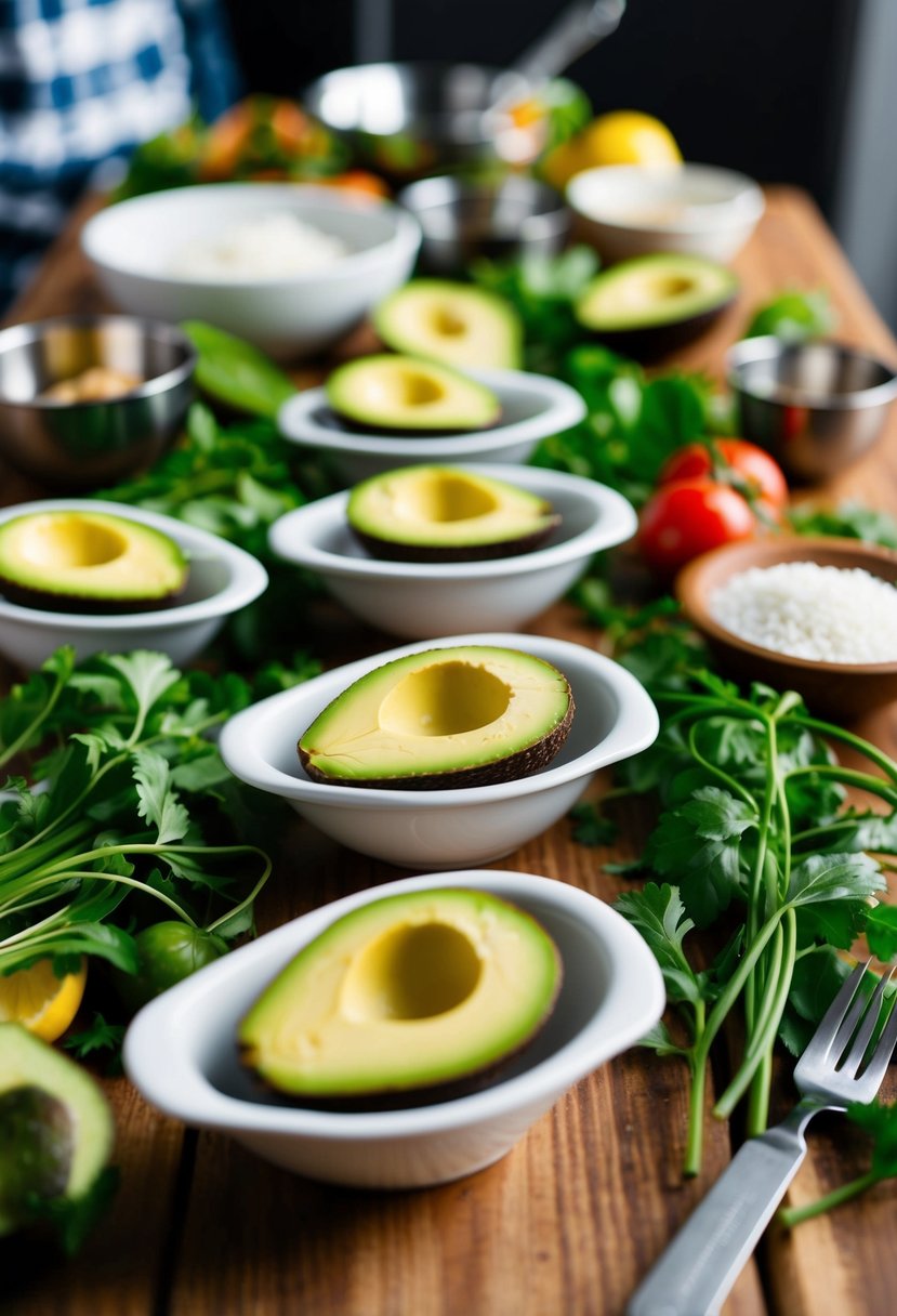 A table set with avocado crab boats surrounded by fresh ingredients and cooking utensils