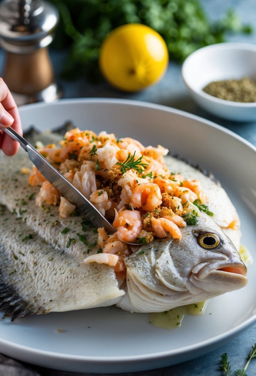 A flounder is being stuffed with a mixture of crab meat, herbs, and spices, ready to be baked in the oven