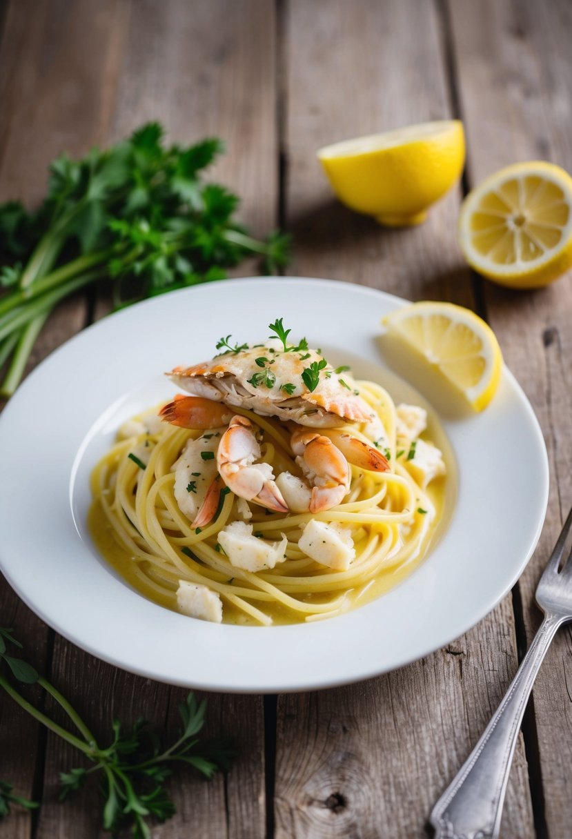 A steaming plate of crab pasta with lemon sauce on a rustic wooden table, garnished with fresh herbs and a slice of lemon