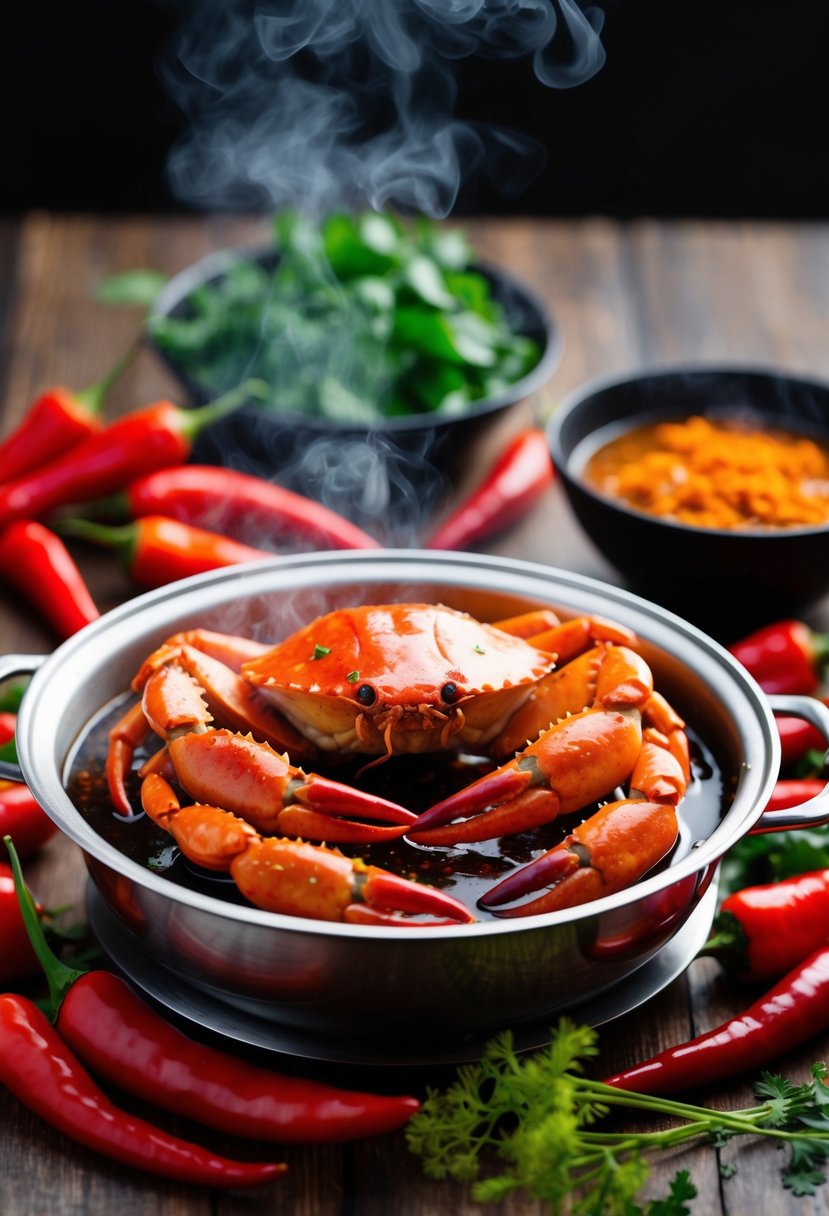 A steaming pot of spicy chili crab, surrounded by vibrant red chili peppers and fragrant herbs