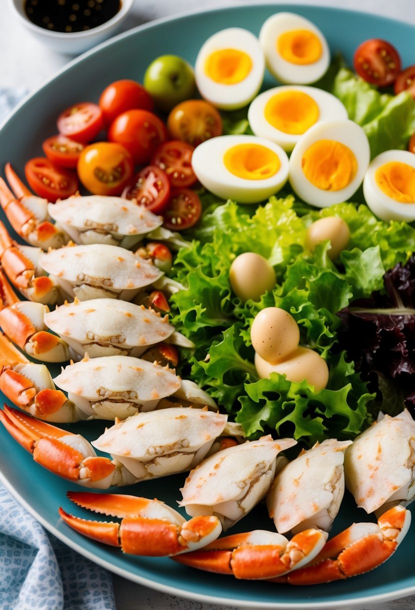 A colorful array of fresh crab, lettuce, tomatoes, hard-boiled eggs, and dressing arranged on a plate