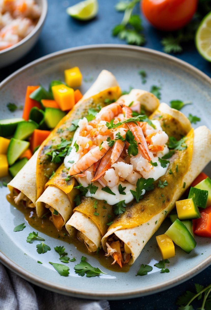 A plate of seafood enchiladas topped with crab meat, surrounded by colorful vegetables and garnished with fresh herbs