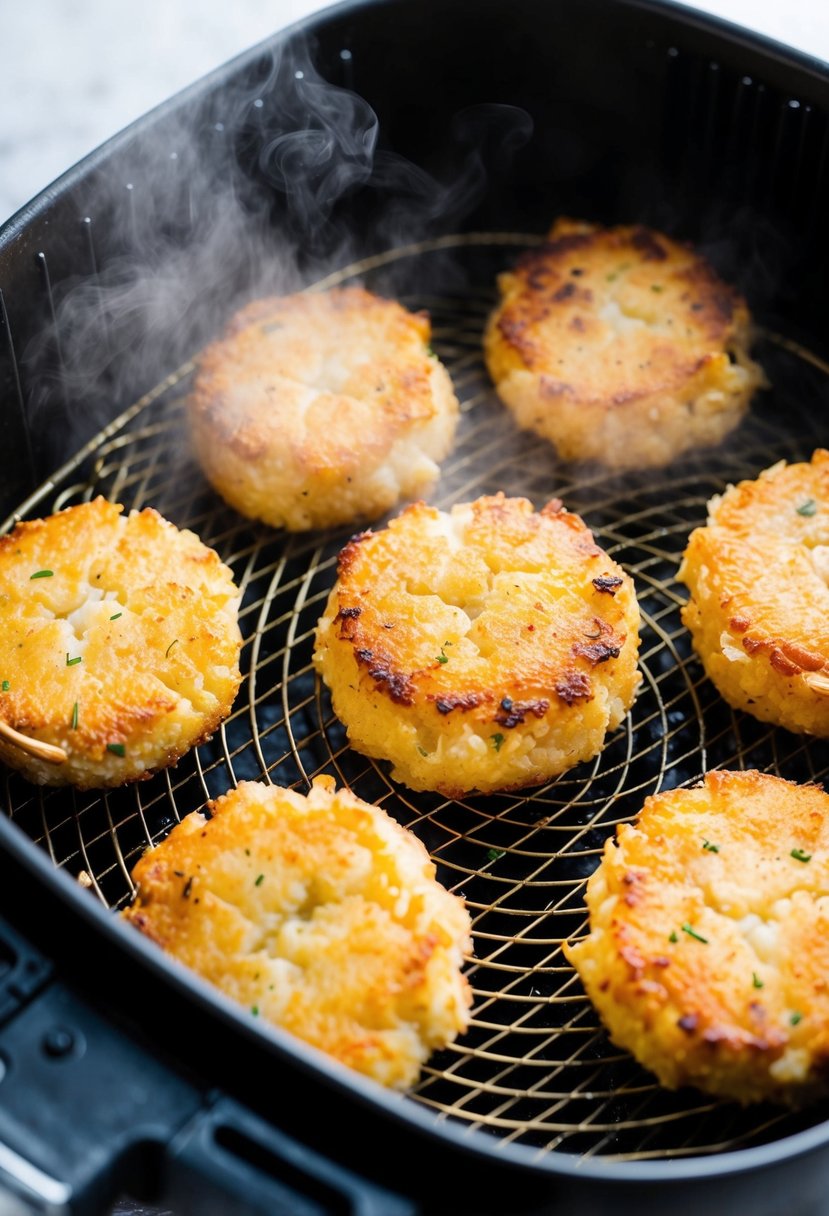 Golden crab cakes sizzling in an air fryer basket, surrounded by a light steam, with a hint of seasoning