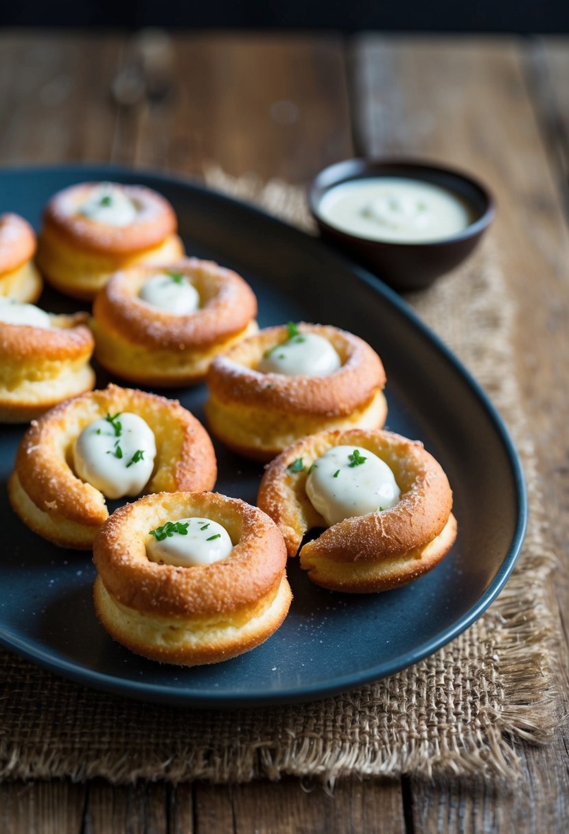 A plate of golden-brown crab beignets arranged with a side of dipping sauce on a rustic wooden table