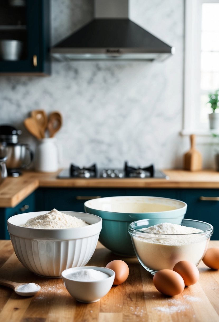 A kitchen counter with mixing bowls, flour, eggs, and sugar for cake recipes from scratch